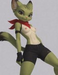 anthro bottomwear breasts clothed clothing female fingerless_gloves fur gloves green_body green_eyes green_fur handwear looking_at_viewer mature_female midriff nipples nude nude_anthro pose scarf shorts small_breasts smile smiling_at_viewer solo three-quarter_view topless topless_female nnam_si3 freedom_planet carol_tea felid feline felis mammal wildcat hi_res