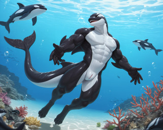 abs animal_genitalia anthro black_and_white_body bubble caustics claws digitigrade fin genital_slit genitals laughing male muscular muscular_anthro muscular_arms muscular_legs muscular_male navel pecs slit solo swimming underwater water netchicken anthozoan cetacean cnidarian coral delphinoid fish mammal marine oceanic_dolphin orca toothed_whale hi_res