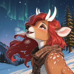 aurora_borealis breath breath_cloud evergreen_tree eyebrows eyelashes eyeshadow fangs female feral hair horn looking_up makeup open_mouth pine_tree plant red_eyes red_hair scarf snow solo tree wavy_hair gilkardex samantha_(pandora's_war) cervid mammal absurd_res hi_res