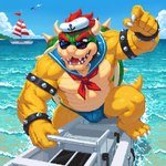 anthro boat bulge claws clothing cloud collar day eyewear hair hat headgear headwear horn male open_mouth red_eyes red_hair solo speedo spiked_collar spikes sunglasses swimwear teeth vehicle water watercraft unknown_director nintendo super_mario_bros bowser koopa scalie digital_media_(artwork) hi_res pixel_(artwork)