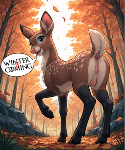 autumn blue_eyes brown_body cervine_anus cervine_pussy cloven_hooves deer_ears deer_nose detailed_background dewclaw_hooves falling_leaves female feral forest forest_background fur happy hooves leaf looking_at_viewer looking_back looking_back_at_viewer low-angle_view multicolored_body multicolored_fur nature nature_background nude one_leg_up plant raised_leg raised_tail rear_view scut_tail short_tail solo speech_bubble spots spotted_body spotted_fur teats tree two_tone_body underhoof nightdancer parfait_(nightdancer) capreoline cervid mammal white-tailed_deer hi_res