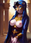 anthro blue_eyes breasts cloak clothing countershading felid female hood jewelry leopard looking_at_viewer mammal nipples pantherine solo tahlia tahlia_(director)