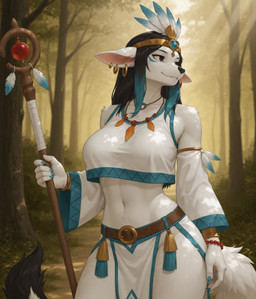 anthro black_hair breasts clothing ear_piercing ear_ring female female_anthro forest fur hair jewelry nature nature_background outside piercing plant ring ring_jewelry ring_piercing safe_(disambiguation) solo staff tree white_body white_clothing white_fur lewdtf canid canine mammal invalid_tag 2025 digital_drawing_(artwork) digital_media_(artwork) hi_res stable_diffusion