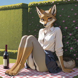 anthro bottomwear clothing dress_shirt female flower hedge knees_together leaning leaning_back looking_at_viewer orange_eyes picnic picnic_blanket plant rolled_up_sleeves shirt skirt smile solo topwear underwear upskirt wine_bottle wickerbasket canid canine canis coyote mammal hi_res