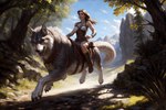 ambiguous_gender boots breath canid canine canineluvr19 canis clothing duo female feral footwear hair hi_res human long_hair mammal panting paws plant riding running saddle tongue tongue_out tree wolf