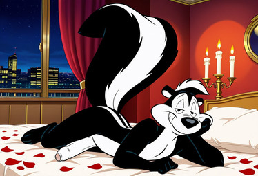 anthro bed bedroom bedroom_eyes big_penis black_and_white_fur black_body black_fur candle erection foreskin fur furniture genitals humanoid_genitalia humanoid_penis looking_at_viewer lying male narrowed_eyes nude on_bed partially_retracted_foreskin penis petals romantic romantic_ambiance seductive smile solo white_body white_fur window boxen549 looney_tunes pepé_le_pew mammal mephitid skunk