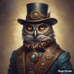 anthro beak black_beak clothed clothing grey_body hat headgear headwear jacket looking_at_viewer male orange_eyes solo steampunk top_hat topwear cow_of_fire avian bird owl 1:1