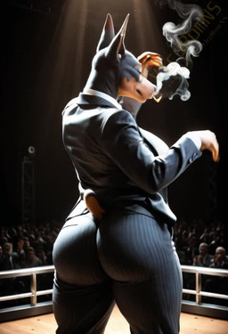 anthro big_breasts big_butt bottomwear breasts butt casual_clothing clothing curvaceous curvy_figure female jacket pants rear_view shaking_butt smoking solo teasing topwear voluptuous vlrgromns canid canine canis dobermann domestic_dog mammal pinscher animated short_playtime webm