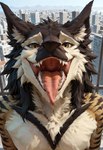 anthro bodily_fluids city city_background dripping looking_at_viewer male mouth_shot open_mouth outdoors outside realistic saliva saliva_drip sharp_teeth solo teeth throat tongue tongue_out vore wide_open_mouth aurugy sergal detailed hi_res