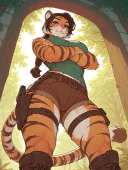 alternate_species anthro breasts clothing detailed_background female furrification plant solo tree anonymous_director tomb_raider lara_croft felid feline mammal pantherine tiger hi_res