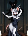 anthro black_clothing black_dress bob_cut breasts cleavage clothed clothing dancing dress female fur hair inside painting_(object) red_eyes shadow solo white_body white_fur white_hair djar17 vika mammal monster mouse murid murine rodent hi_res