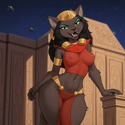 anthro arm_support asteroid black_nose blue_eyeshadow bottomwear breasts brown_body brown_fur clothing egyptian eyeshadow fangs female fur genitals gold_(metal) gold_jewelry green_eyes green_sclera jewelry leaning leaning_forward loincloth looking_at_viewer makeup medium_breasts navel nipples pussy seductive smug solo space star teeth temple thigh_gap translucent translucent_clothing uraeus sagrael disney's_aladdin mirage_(disney) felid feline mammal animated short_playtime sound voice_acted webm