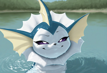 ambiguous_gender feral fin half-closed_eyes head_fin looking_at_viewer narrowed_eyes partially_submerged simple_background smile solo waterdrop wet wet_body tamrad nintendo pokemon eeveelution generation_1_pokemon pokemon_(species) vaporeon hi_res