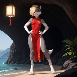4_toes anthro asian_clothing barefoot beach biped blonde_hair breasts cave chinese_clothing chinese_dress clothed clothing detailed_background digitigrade dipstick_tail dress east_asian_clothing feet female fur grey_body grey_fur hair hair_over_eye hands_on_hips lamp lantern looking_at_viewer markings one_eye_obstructed outside pink_nose red_clothing red_dress rock sand seaside smile solo standing tail tail_markings toes water white_body white_fur crashbandit canid canine felid mammal comfyui_(software) digital_media_(artwork) furryandmorev50_(model) nai-diffusion-4-full_(model) prompt_metainfo