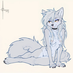 5_fingers anthro areola areola_slip arm_support black_nose breasts choker choker_only claws convenient_censorship countershading_fur eyeshadow facial_tuft female fingers fluffy fur grey_body grey_fur grey_hair hair hair_covering_breasts jewelry linea_alba lips looking_aside makeup navel necklace necklace_only nipple_outline nude pose simple_background sitting smile solo tuft yellow_eyes yokozuwari numeradin canid canine canis mammal wolf