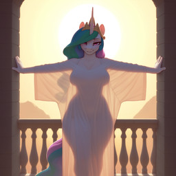 anthro bedroom_eyes breasts clothing crown curvy_figure dress female fur hair horn looking_at_viewer multicolored_hair multicolored_tail narrowed_eyes purple_eyes railing seductive silhouette solo sunset translucent translucent_clothing voluptuous voluptuous_female white_body white_clothing white_fur wide_hips zaddha friendship_is_magic my_little_pony princess_celestia_(mlp) equid equine horse mammal pony hi_res