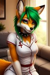 anthro clothed clothing collar female fur hair looking_at_viewer nurse_clothing smile solo spiked_collar spikes canid canine fennec fox mammal