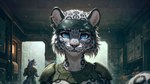 absurd_res anthro armor blue_eyes coconut_furry_mix_2_vivid_(model) detailed_background doom_eternal_(game) duo felid female fluffy hi_res looking_at_viewer male male/female mammal pantherine slim smile snow_leopard tagme yuki_laneige