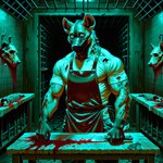 anthro apron blind blood bodily_fluids bone bottomwear claws clothing crazy_eyes dead_body gore guts intestines male mask muscular organs pants romantic scar sharp_teeth shirt skull snuff solo t-shirt teeth topwear violence vlrgromns hyaenid mammal hi_res