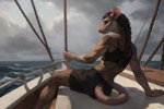 anthro athletic athletic_anthro athletic_female back_muscles biceps boat bottomwear bra braided_hair brown_body brown_eyes brown_fur brown_hair clothing cloud degenstoic detailed_background female fur hair looking_at_viewer looking_back mammal midriff murid murine overcast raining rat rear_view rodent rope sailing_boat sailing_watercraft sea shorts sitting sky solo sports_bra underwear vehicle water watercraft wet wet_body wet_fur wet_hair whiskers