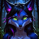 anthro black_hair blue_body blue_fur cerinian_fox cernanda_zuddab female forest fur green_eyes hair highlights_(coloring) light looking_at_viewer moonlight multicolored_body multicolored_fur multicolored_hair outside plant solo tree animsaiuniverse nintendo star_fox canid canine cerinian fox mammal