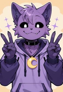 anthro clothing collar fangs gesture hoodie jewelry looking_at_viewer male necklace smile solo teeth topwear v_sign fluffypuro mob_entertainment poppy_playtime smiling_critters catnap_(poppy_playtime) domestic_cat felid feline felis mammal hi_res
