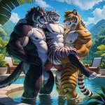 absurd_res anal anal_penetration anthro balls double_penetration felid genitals group hi_res machairodontine male male/male mammal nipples open_mouth outdoors outside pecs penetration penis pup_tobey size_difference swimming_pool trio water