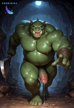 belly black_eyes bodily_fluids cave genital_fluids genitals grey_body male muscular night open_mouth penis precum run running sharp_teeth solo teeth tongue tongue_out weapon tredici04 humanoid ogre hi_res