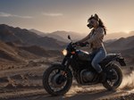 anthro black_hair boots bottomwear clothing coat denim denim_clothing desert dirt female footwear fur hair jeans motorcycle mountains pants solo sunset tan_body tan_clothing tan_fur topwear vehicle tiberiumcat hyaenid mammal hi_res