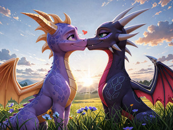 black_body black_scales blue_eyes duo eye_contact female feral flower_field horn kissing looking_at_another male male/female membrane_(anatomy) membranous_wings mythology purple_body purple_eyes purple_scales scales smile wings gamerwarg activision spyro_the_dragon cynder spyro dragon mythological_creature mythological_scalie scalie absurd_res hi_res