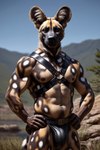 anthro clothing harness jockstrap male muscular rainbow river solo underwear woods hyaenid mammal absurd_res hi_res