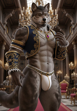 abs anthro biceps black_claws brown_body brown_fur candle claws clothing embroidery fur jewelry looking_at_viewer male muscular muscular_anthro muscular_male navel pecs renaissance_background thong topwear underwear vest sweet_husbando canid canine canis mammal wolf absurd_res hi_res