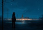 ambiguous_gender anthro backpack building christmas_tree city cityscape clothed clothing detailed_background hoodie night outside plant rear_view reflection sky snow snowing solo standing topwear tree anonymous_director canid canine felid feline mammal hi_res