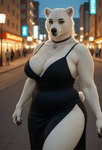 anthro bald blurred_background bokeh brown_eyes choker city city_background clothed clothing dress evening evening_gown eyeliner female fur high_slit_dress jewelry lock looking_at_viewer makeup necklace pendant standing street thick_thighs white_body white_fur nnam_si3 mammal polar_bear ursid ursine hi_res portrait three-quarter_portrait