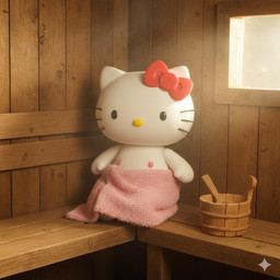 anthro female flat_chested gemini nipples pink_nipples pink_towel red_bow red_ribbon ribbon sauna sitting towel white_body window sanrio hello_kitty_(character) felid feline mammal bow_(disambiguation)