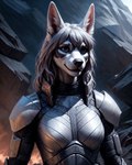 anthro armor auykac black_markings blue_eyes canid canine canis female fur hair hi_res jackal mammal markings mass_effect realism solo white_body white_fur white_hair