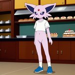 anthro bakery bottomless butt_from_the_front clothed clothing featureless_crotch female footwear midriff navel shirt shoes socks solo t-shirt topwear victor_vivra eeveelution espeon generation_2_pokemon humanoid pokemon_(species) cel_shading full-length_portrait portrait shaded