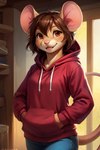 anthro big_ears bottomwear brown_eyes brunette clothing denim denim_clothing female fur hoodie jeans pants solo tan_body tan_fur teenager topwear young mindry lyndsay mammal mouse murid murine rodent