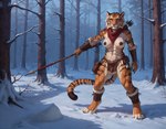 4_toes 5_fingers abs anthro areola armband armlet armor arrow_(weapon) athletic athletic_female barefoot belt belt_pouch big_breasts black_areola black_nipples black_stripes bottomwear bracers breasts casual_exposure claws clothed clothing countershading day detailed_background digitigrade feet female fighting_pose finger_claws fingers forest fur holding_object holding_weapon jewelry kerchief leather leather_armor loincloth looking_at_viewer melee_weapon muscular muscular_anthro muscular_female narrowed_eyes navel neckerchief nipples orange_body orange_fur outside plant polearm pose ranged_weapon scarf snow snow_on_ground solo spear standing striped_body striped_fur stripes toe_claws toes topless tree tribal tuft warrior weapon white_body white_fur winter winter_background anotheranon felid mammal pantherine tiger absurd_res hi_res