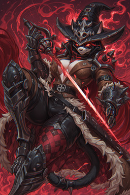 accessory action_pose anthro armor belt black_clothing black_hair breasts brown_clothing cape cleavage cloak clothed clothing coat ears_through_headwear face_mask female fire fur-trimmed_clothes fur_trim furgonomic gauntlets gloves greaves hair handwear hat headgear headwear holding_object holding_weapon jewelry kerchief leather leather_clothing looking_at_viewer magic melee_weapon multicolored_clothing pattern_(disambiguation) patterned_clothing pose pupils rapier red_clothing red_eyes red_sclera ring shoulder_armor slit_pupils solo spiked_clothing spiked_tail spikes spikes_(anatomy) straps sword tail_accessory tail_jewelry tail_ring topwear weapon witch_hat kotcfacu_(director) fan_character felid feline mammal hi_res tagme