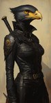 anthro armor beak belt black_body black_feathers clothing collar feathers female leather leather_clothing pauldron police_officer solo solo_focus yellow_beak yellow_eyes bahufaru camila_hawk_(bahufaru) accipitrid accipitriform avian bird hi_res portrait