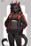 anthro black_body black_fur black_nose clothing female fur jacket red_eyes simple_background solo tail_aside topwear white_background krickracsac canid canid_demon canine demon hellhound mammal absurd_res hi_res