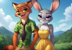 anthro arm_grab clothed clothing cloud dress duo ears_up female forest fully_clothed hands_in_both_pockets holding_arm looking_at_viewer male male/female mountains necktie open_mouth outdoors plant smile smug tree zootopia hank94_(director) judy_hopps nick_wilde canid canine fox lagomorph leporid mammal rabbit hi_res