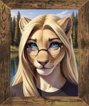 anthro blonde_hair blue_eyes detailed_background eyewear female glasses hair lake light plant realism realistic realistic_fur solo sunlight tree jackson_maxston_(director) ren_(jackson_maxston) felid lion mammal pantherine