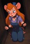 anthro bodily_fluids chip_n_dale_rescue_rangers clothing collar cuff_(restraint) duo eyewear female goggles hair male overalls red_hair restraints shirt sweat topwear worried_look piskorek gadget_hackwrench mammal mouse murid murine rodent hi_res