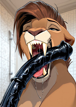 animal_dildo animal_sex_toy blue_eyes bodily_fluids dildo drooling equine_dildo female mohawk open_mouth oral saliva sex_toy sharp_teeth teeth maw_master felid feline lion mammal pantherine sabertoothed_lion