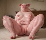 absurd_res anthro bodily_fluids breasts domestic_pig female genitals hi_res hooves mammal multi_breast multi_nipple nipples overweight overweight_female pink_body pussy realistic solo solo_focus splice spread_legs spread_pussy spreading suid suina sus_(pig) sweat