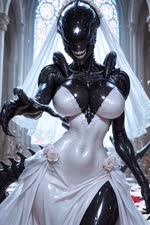 anthro bride clothing dress female looking_at_viewer solo standing white_clothing white_dress director_albondinga18 alien animated webm