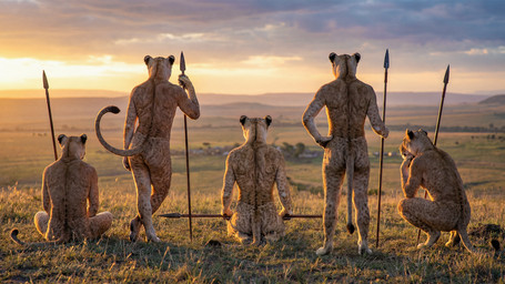 anthro breasts butt crouching female female/female grass group kneeling_on_ground melee_weapon nipples outside plains plant polearm side_boob sitting_on_ground spear standing sunrise weapon tribalcat hi_res