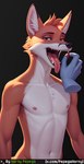 anthro completely_nude disembodied_hand fangs feeding food fruit looking_at_viewer male male_focus navel nipples open_mouth plant simple_background slim solo solo_focus strawberry tongue tongue_out whisker_spots horny_pepega canid canine fox mammal digital_media_(artwork) digital_painting_(artwork)